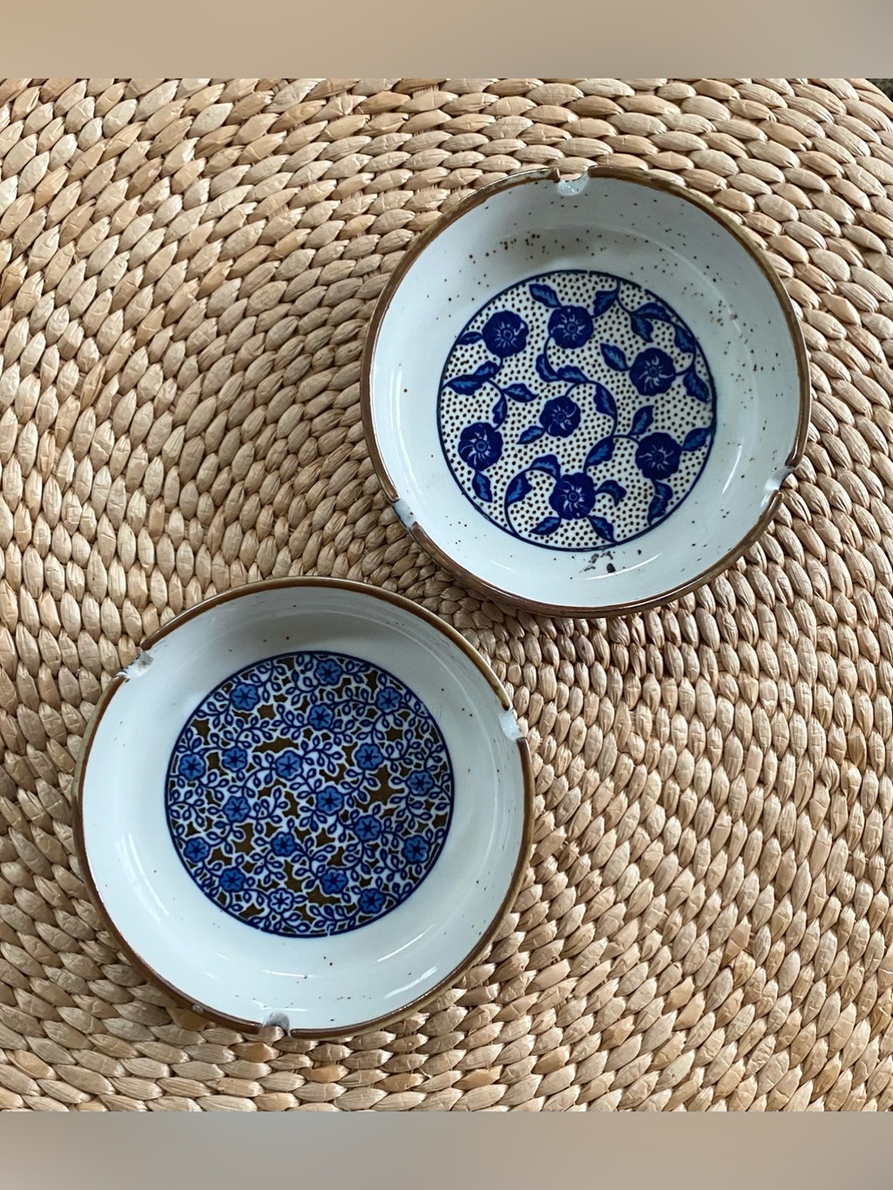 VTG 60s 70s Takahashi San Francisco Stoneware Ashtrays Blue Floral Set of 2